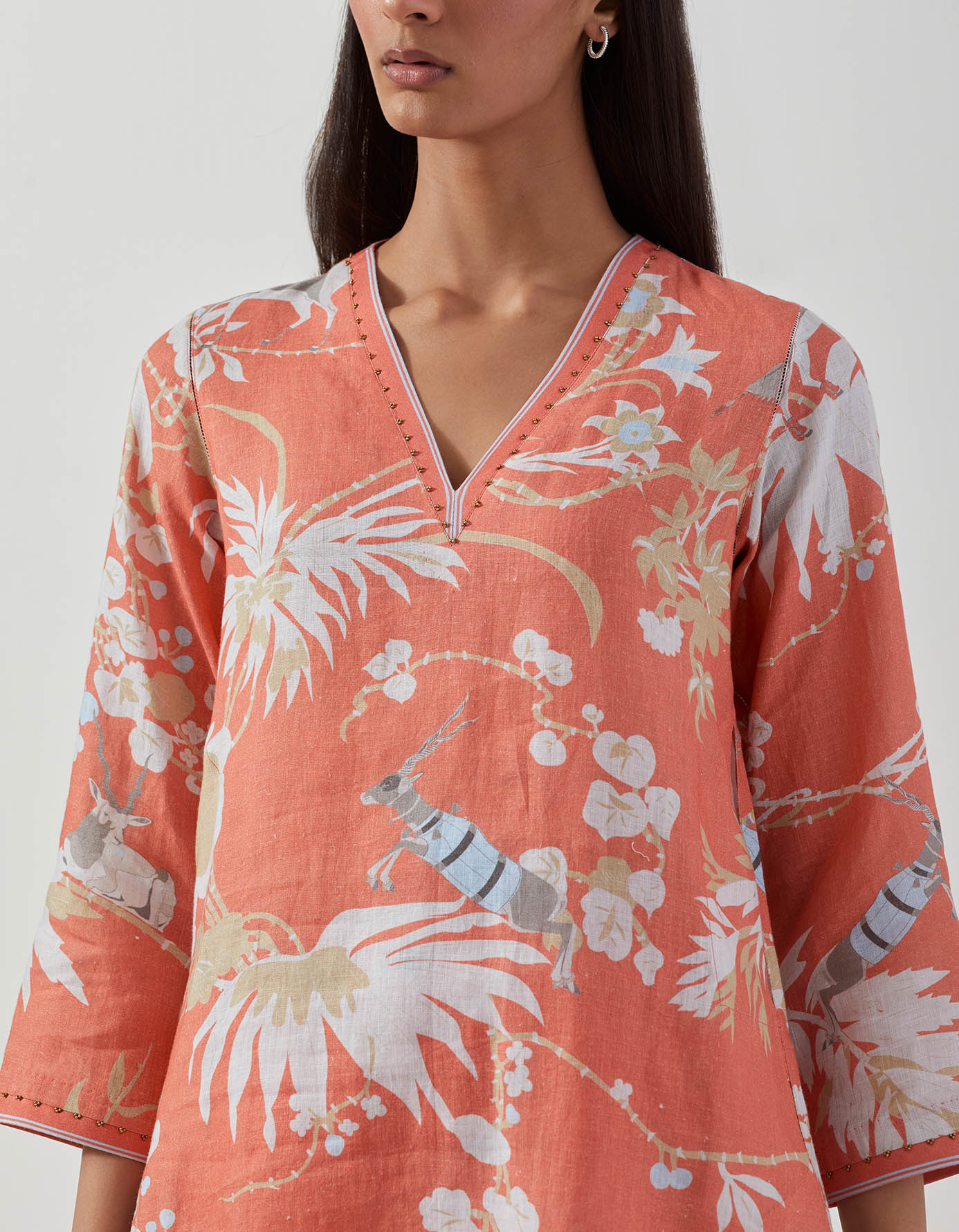 Stylish V Neck Kurta for Women - Soft Linen Fabric in Coral - Perfect for Casual Wear, Summer Outfits, and Boho Fashion