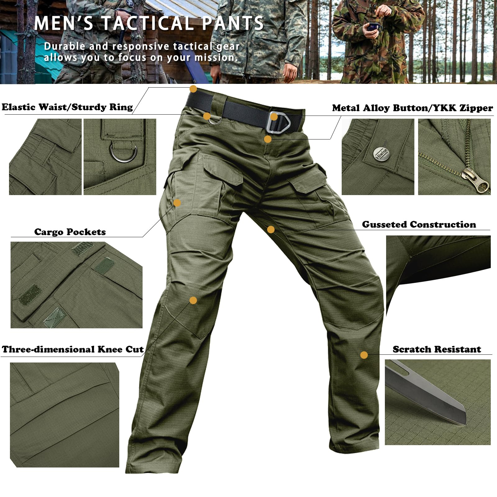 Men's Stretch Tactical Pants - Water Resistant Ripstop Cargo Pants for Outdoor, Work & Hiking | Lightweight Durable EDC Pants for Adventure, Camping & Daily Wear