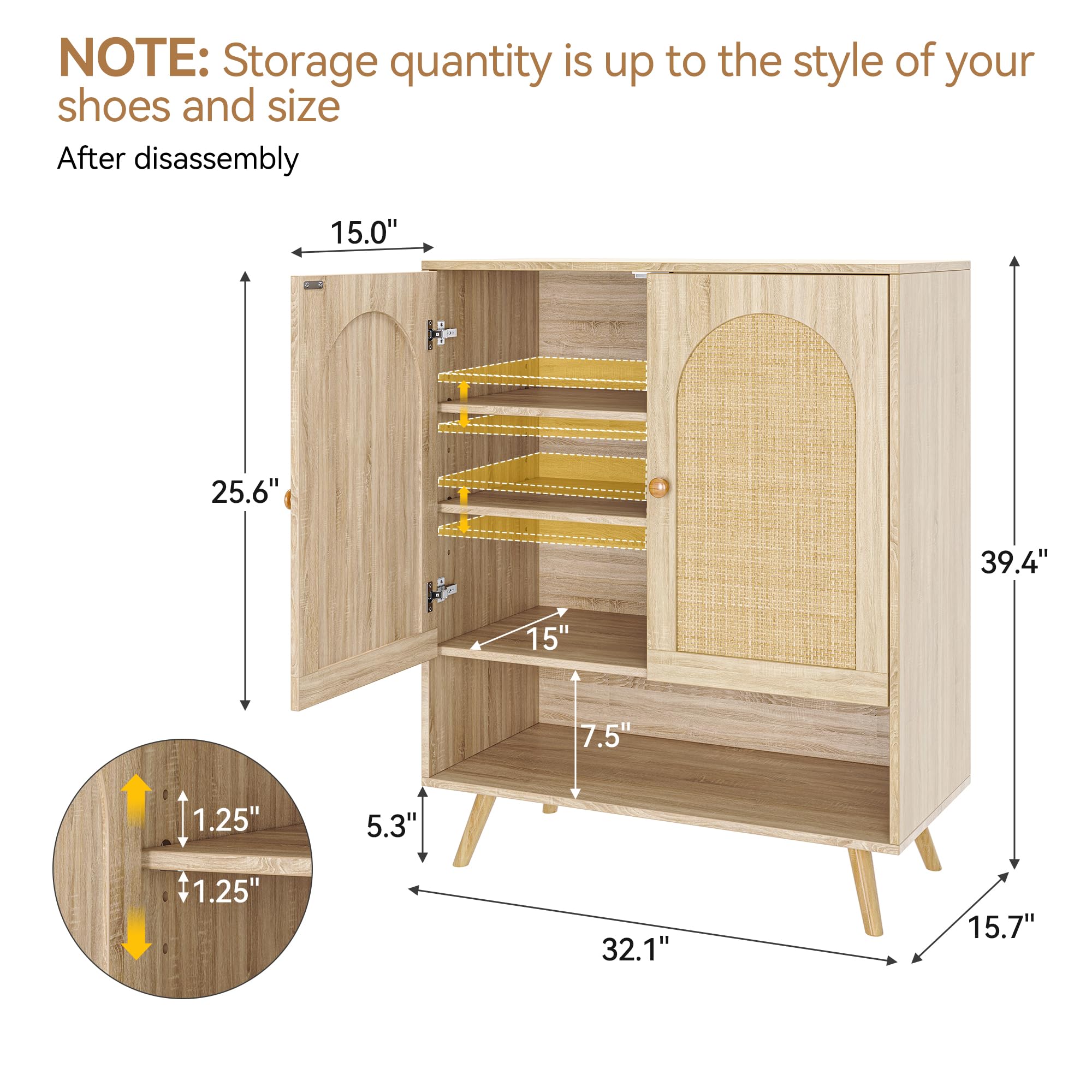 Rattan Shoe Storage Cabinet with Doors - Adjustable Shelves Boho Wooden Shoe Organizer for Entryway, Hallway, Living Room - Light Oak Finish | Perfect for Small Spaces, Apartment Entryway & Closet Organization