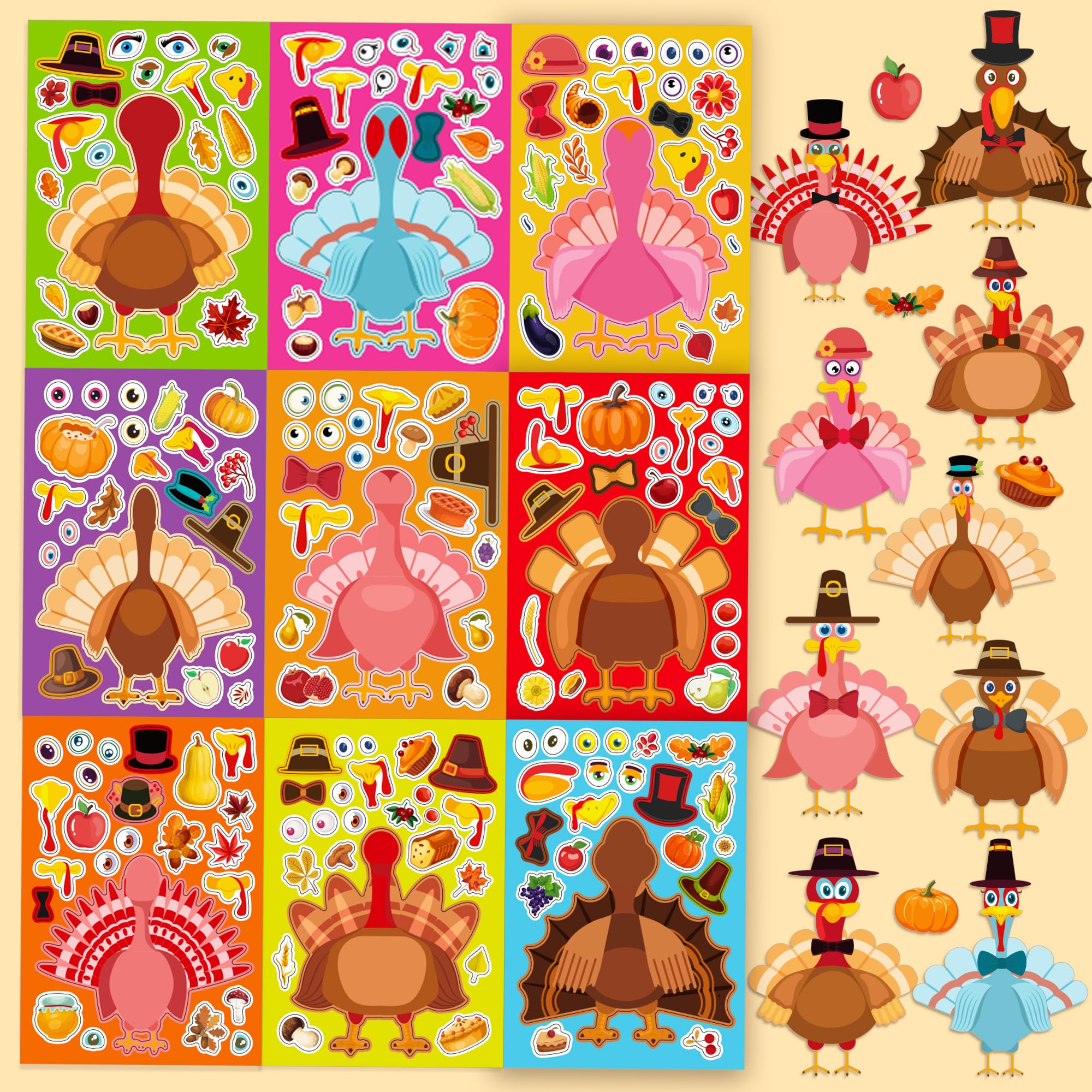 DIY Thanksgiving Stickers for Kids - 36 Sheets with Maple Leaf, Pumpkin, Harvest, Turkey & Corn Designs | Fun Fall Party Activities & Classroom Crafts | Perfect for Thanksgiving Decorations, Scrapbooking & Holiday Favors