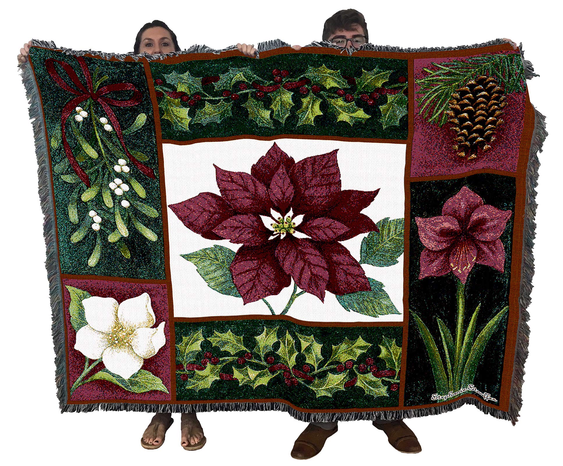 Stephanie Stouffer Pure Country Weavers Christmas Flora Blanket - Cotton Woven Poinsettia Tapestry Throw - 72x54 Inches - Made in USA - Perfect for Holiday Decor & Cozy Winter Nights