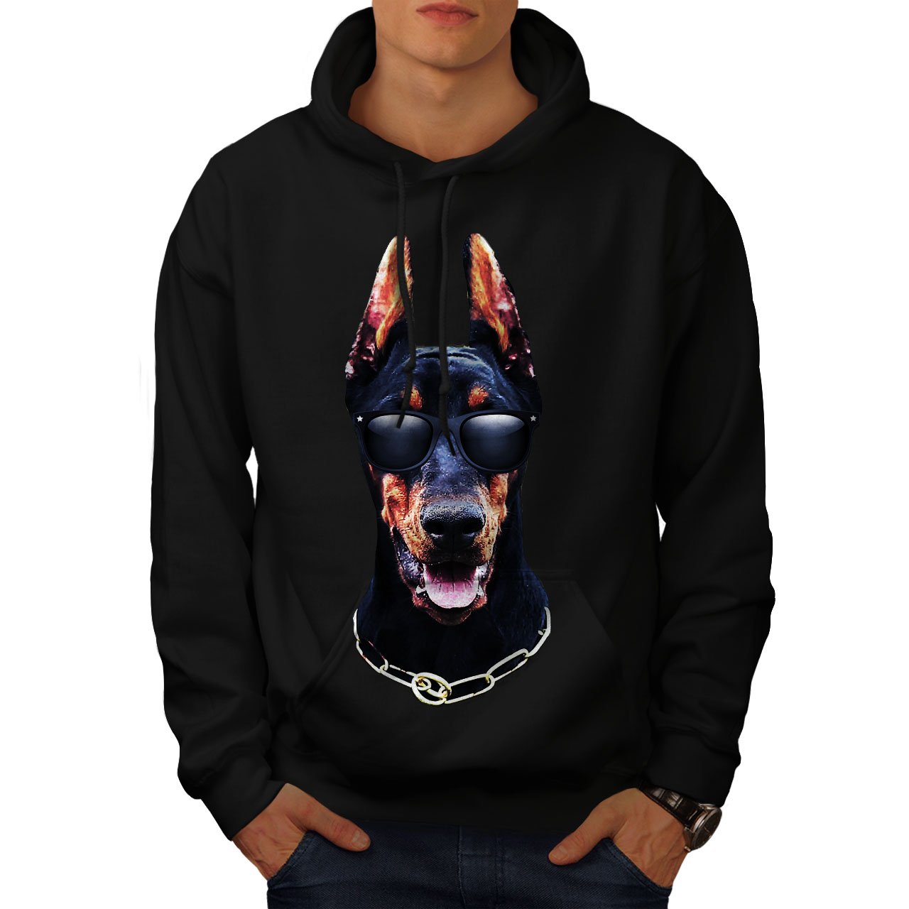 Wellcoda Men's Doberman Print Hoodie - Animal Graphic Pullover Sweatshirt for Casual Wear, Street Style & Dog Lovers Fashion