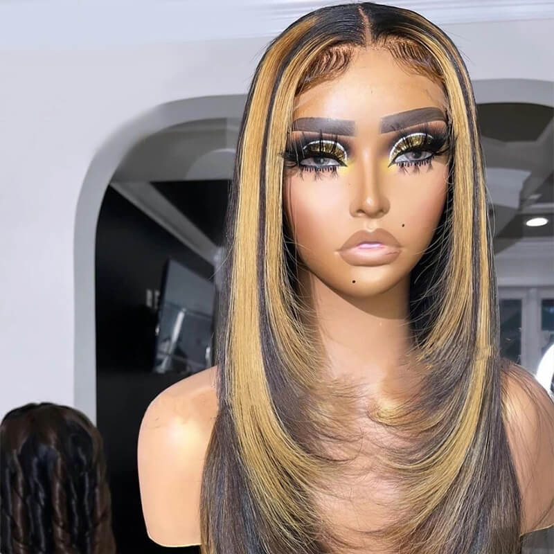 Eullair Layered Cut Honey Blonde Skunk Stripe 4x4 5x5 Lace Closure Highlight Straight Human Hair Wigs - Pre Cut & Colored for Daily Wear, Parties & Cosplay