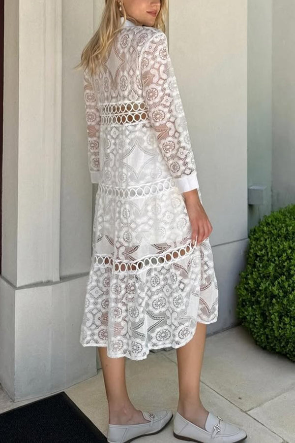 Elegant Solid Color Hollow Lace Lapel Button Down Long Sleeve Shirt for Women - Perfect for Office Wear, Date Night & Special Occasions