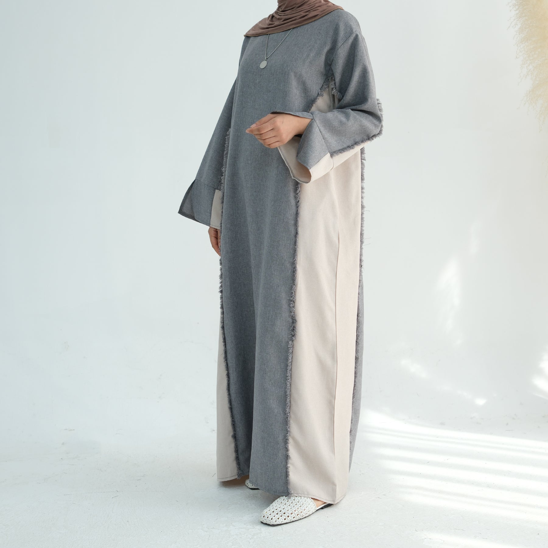 Blair Fringe Abaya Dress - Elegant Gray Islamic Modest Dress for Women | Perfect for Prayer, Eid, and Special Occasions