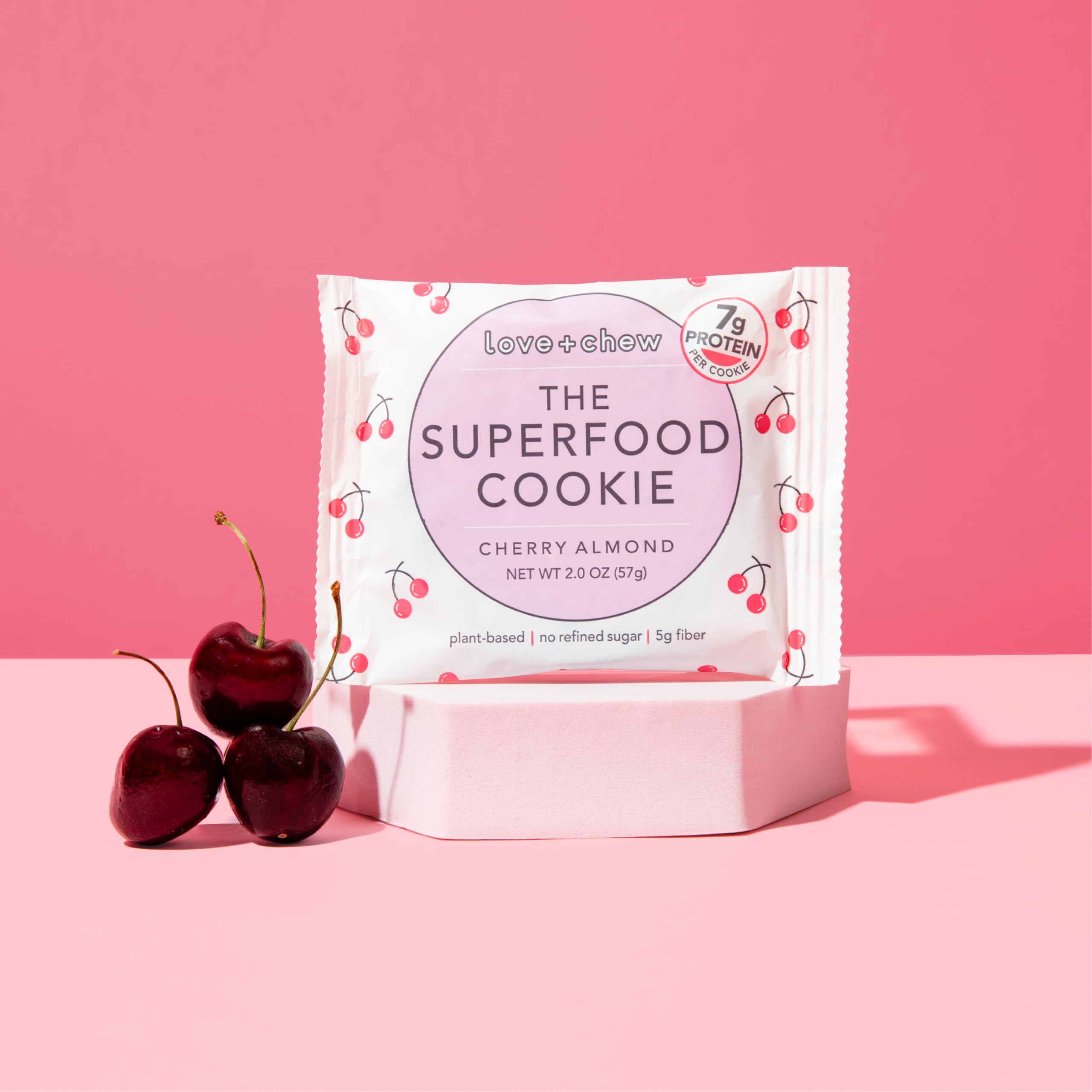Love + Chew Tasty Gluten-Free Vegan Cookies - Bulk Box (60 Count) - Cherry Almond Flavor, Paleo & Non-GMO Healthy Snacks - Individually Wrapped Soft-Baked High Protein Almond Cookies (2oz Each) - Perfect for School Lunches, Office Snacks & On-the-Go Energy Boosts