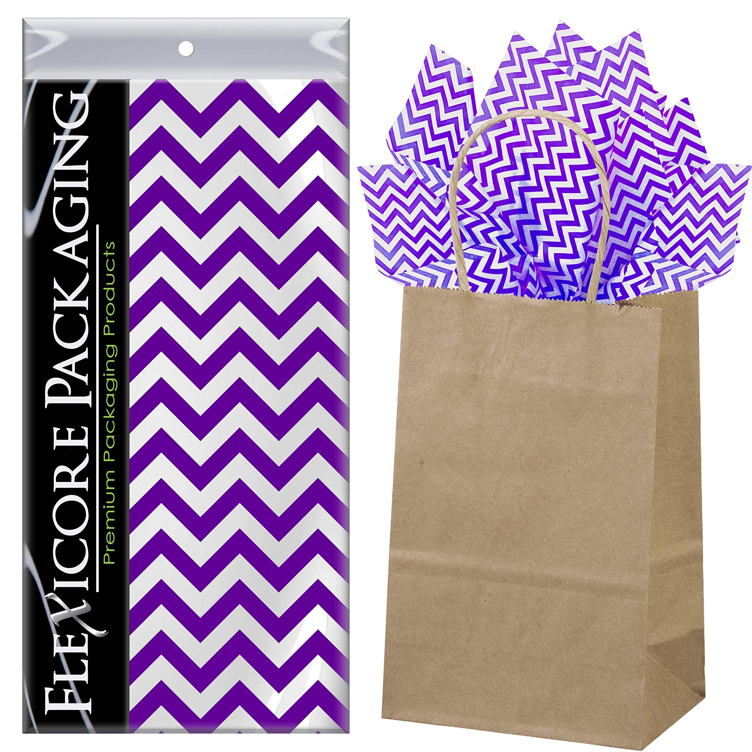 Eco-Friendly Kraft Paper Gift Bags with Purple Chevron Design - 5.25