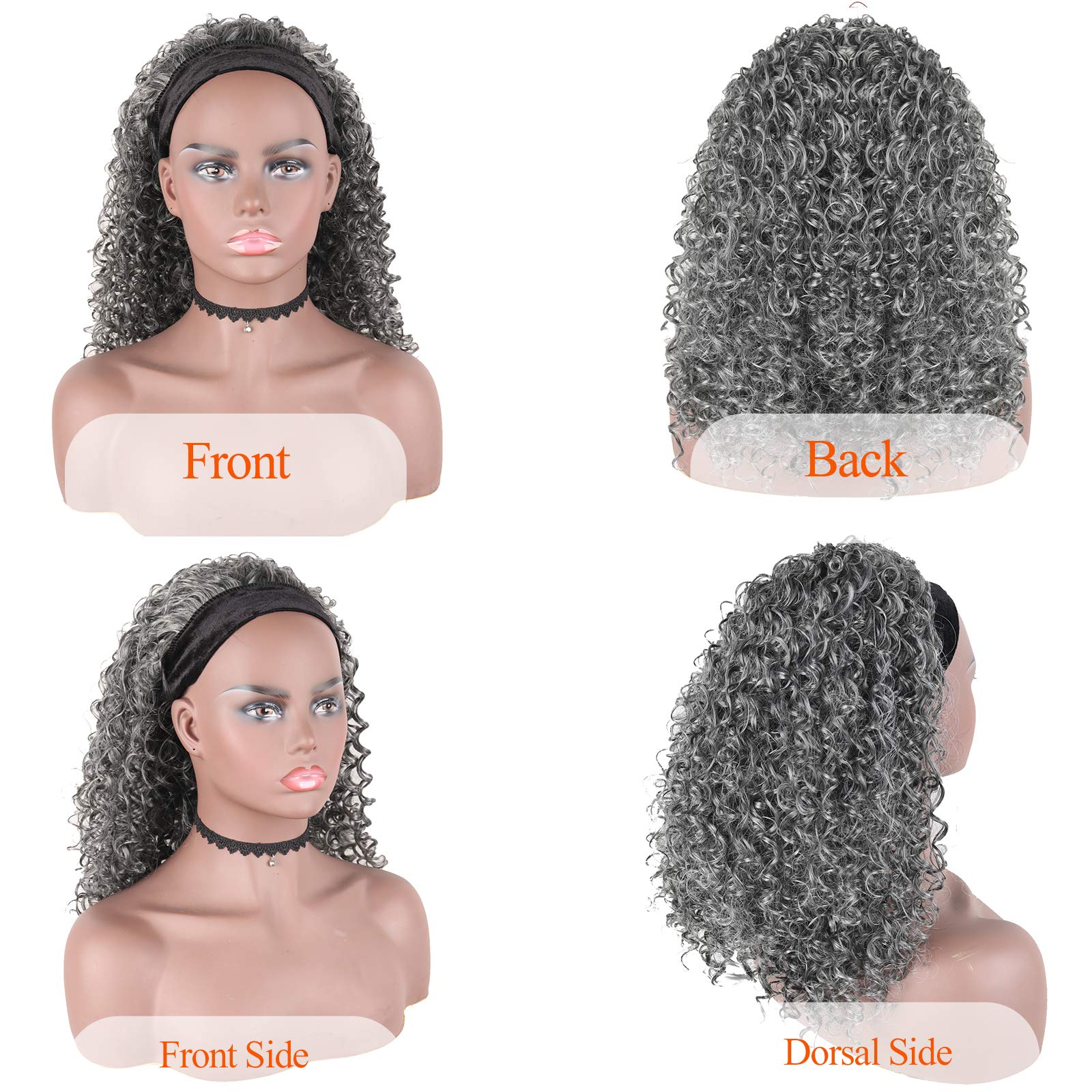 Short Afro Kinky Curly Grey Headband Wig for Black Women - 16inch Synthetic Curly Headband Wig with Attached Scarf (1B/Grey) | Perfect for Daily Wear, Cosplay, and Protective Styling