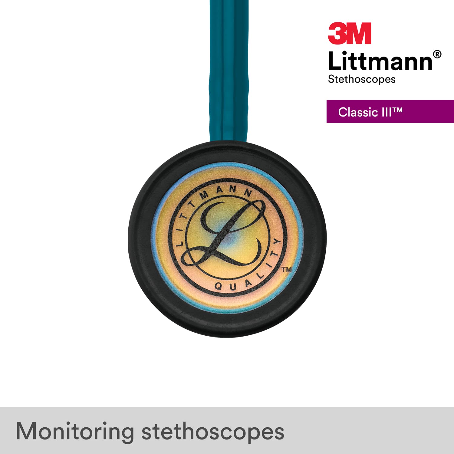 3M Littmann Classic III Monitoring Stethoscope - 5807 Model with 2X Louder Sound, Lightweight Design & Rainbow Stainless Steel Chestpiece - 27-Inch Caribbean Blue Tube with Brass Stem & Headset - Ideal for Medical Professionals, Nurses, and Students in Clinical Settings