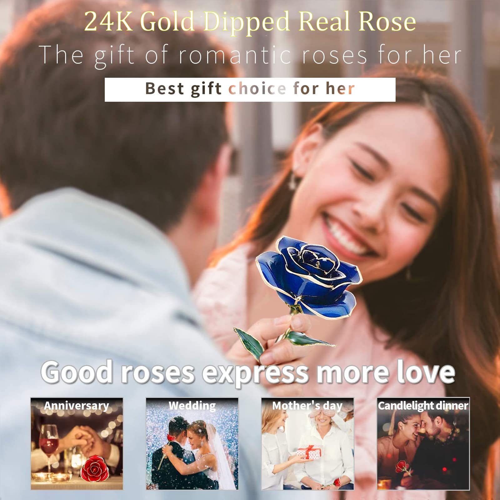 24K Gold Plated Real Fresh Long Stem Rose in Blue - Luxurious Birthday Gift for Her with Display Stand | Romantic Anniversary, Valentine's Day & Special Occasion Present