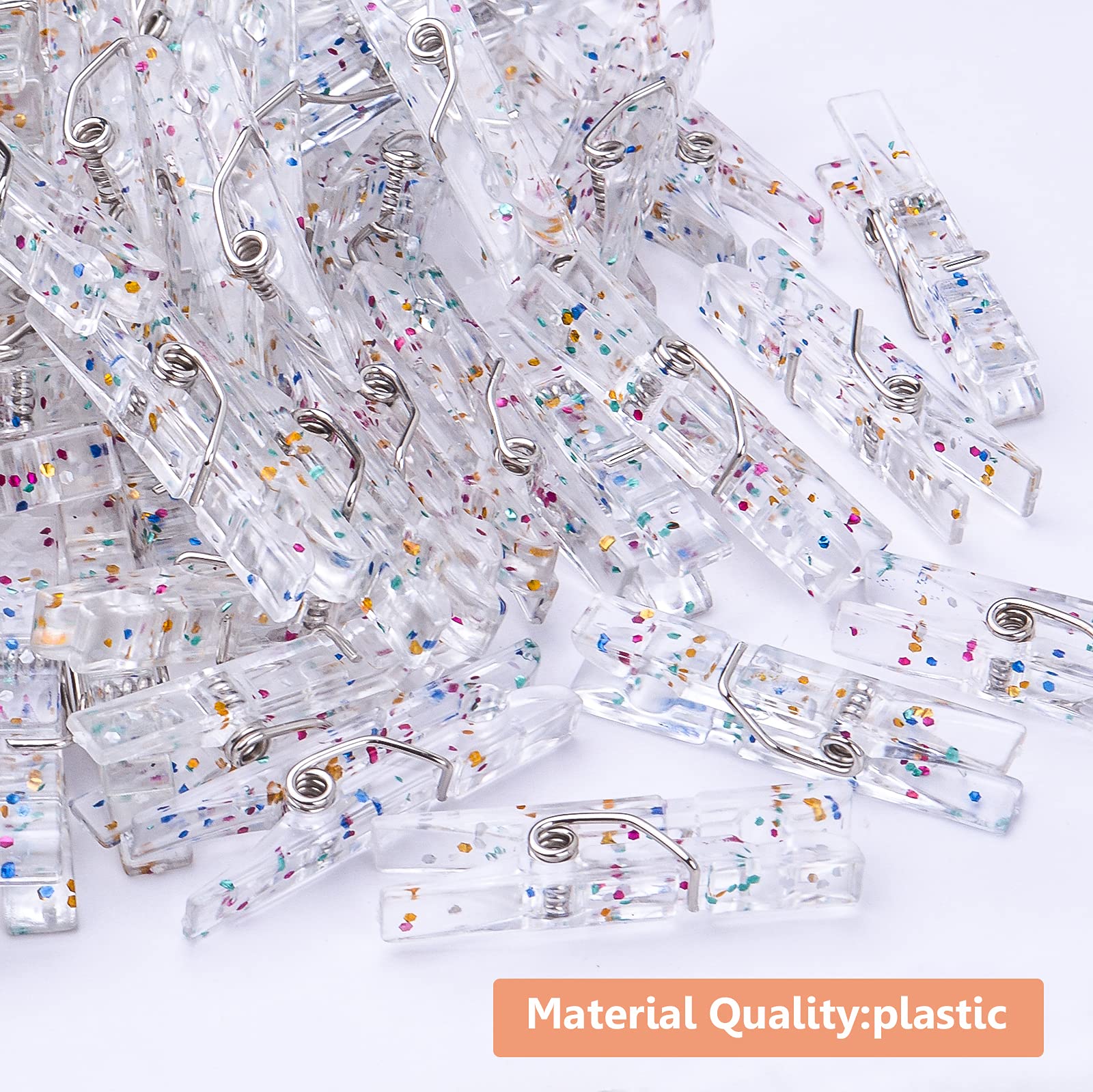 100pcs Transparent Plastic Clothespins with Glitter - 3.5cm Mini Clips for Crafts, Photos, Laundry & Christmas Decorations - Perfect for DIY Projects, Party Decor, and Home Organization