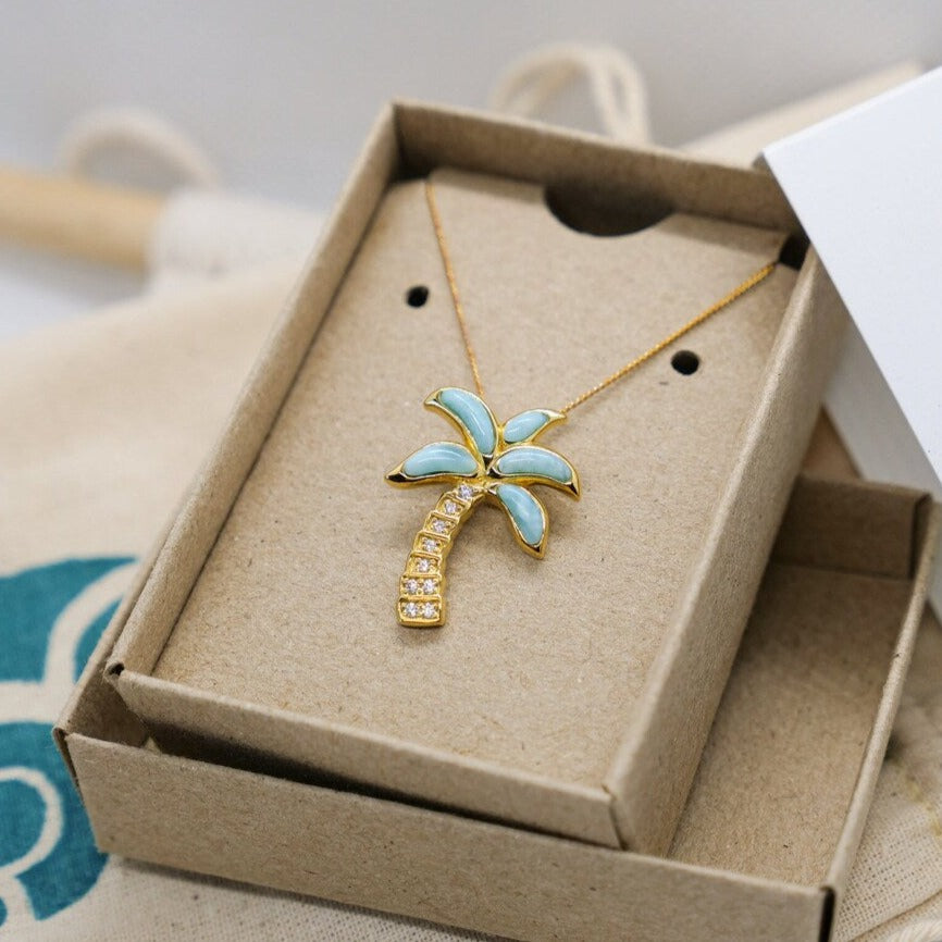 Stylish Gold Palm Tree Necklace with Genuine Larimar Gemstone - Perfect for Beach Vacations & Tropical Themed Parties