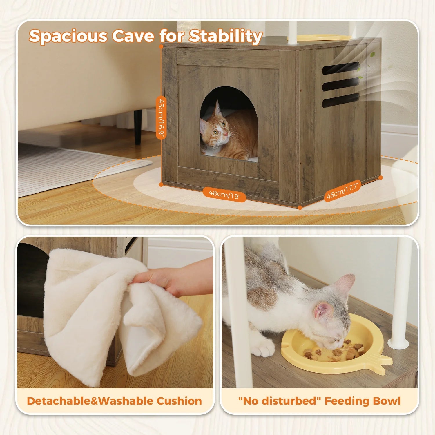 190cm Tall Wooden Cat Tree Tower with Feeding Bowls - Grey - Multi-Level Cat Climbing Furniture for Indoor Cats, Play & Rest Perch for Kittens & Adult Cats