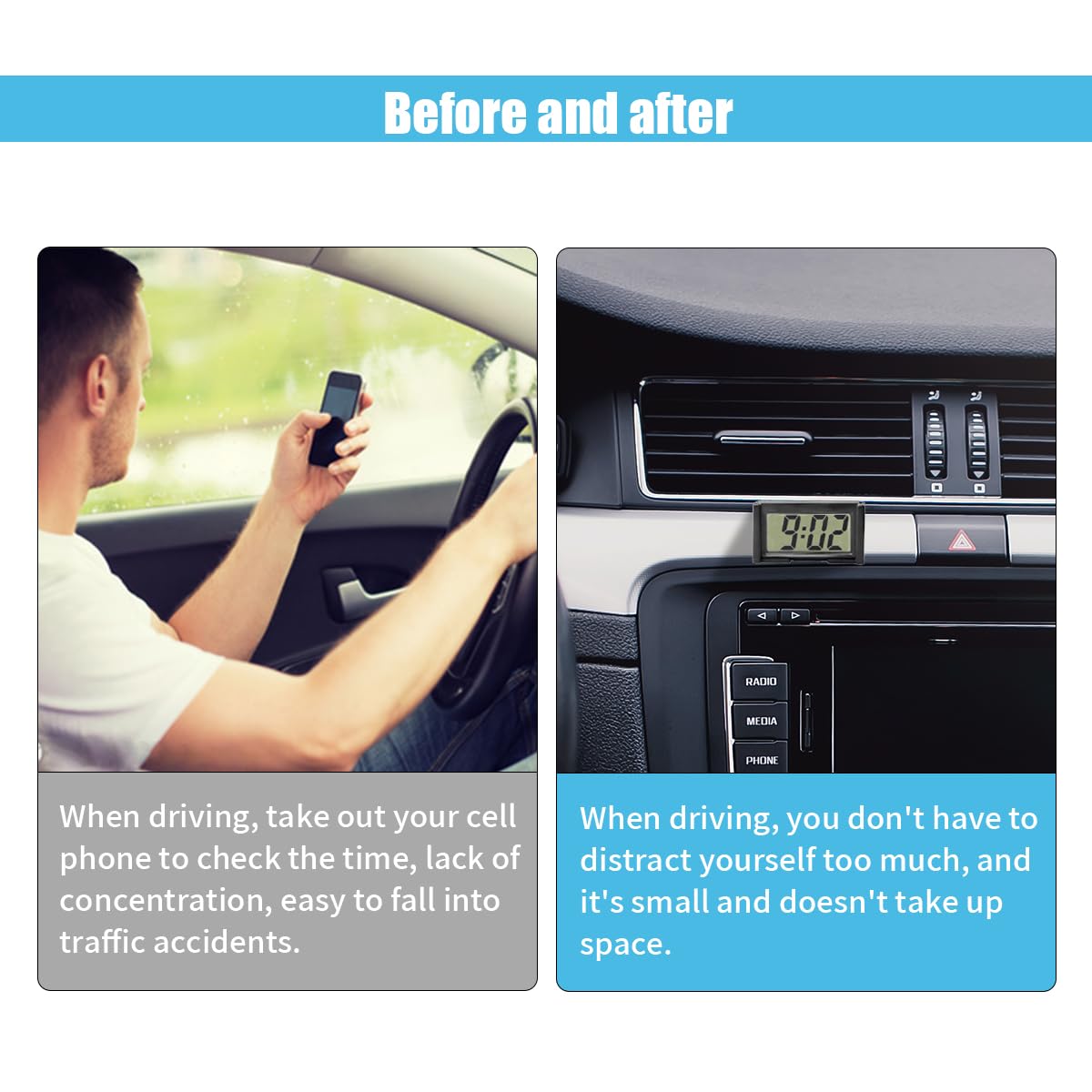 Self-Adhesive Mini Car Digital Clock - Small LCD Dashboard Time Display with Stand for Vehicle, Office & Home Use | Black Electronic Accessory for Cars, Desks & Workspaces