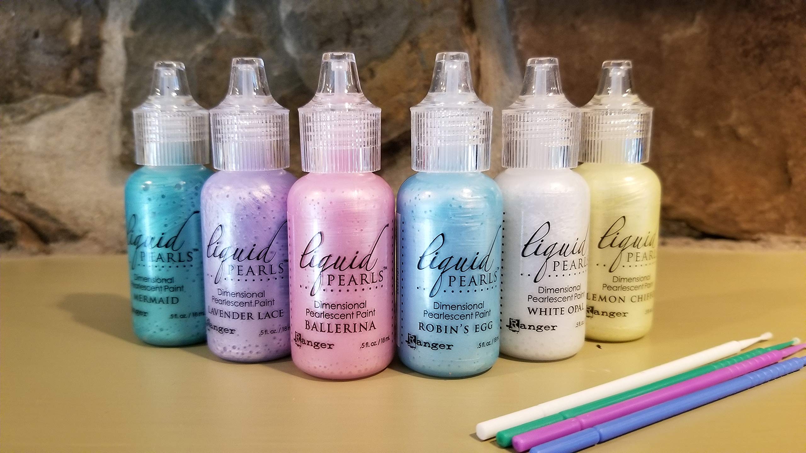 Ranger Liquid Pearls Oh Baby Bundle - 6 Colors (Mermaid, Lavender Lace, Ballerina, Robin's Egg, Lemon Chiffon, White Opal) with Trebbies Detail Sticks - Perfect for DIY Crafts, Scrapbooking, Nail Art & Home Decor