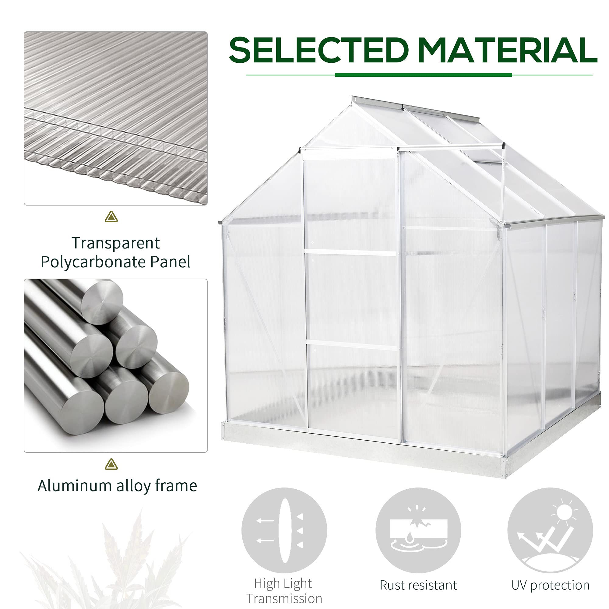 Outsunny 6x6 FT Walk-in Greenhouse Kit with Polycarbonate Panels & Aluminum Frame - Sliding Door & Roof Vent for Gardening, Plant Growing - Perfect for Backyard, Patio, or Balcony Use