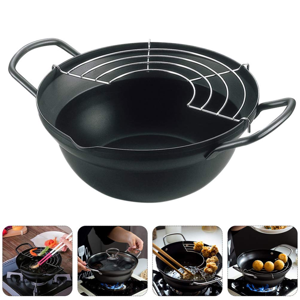 Carbon Steel Deep Fryer Pan with Drainer Rack - Portable Tempura Frying Pot for Home & Restaurant Use - Perfect for Fried Chicken, Donuts & Vegetables