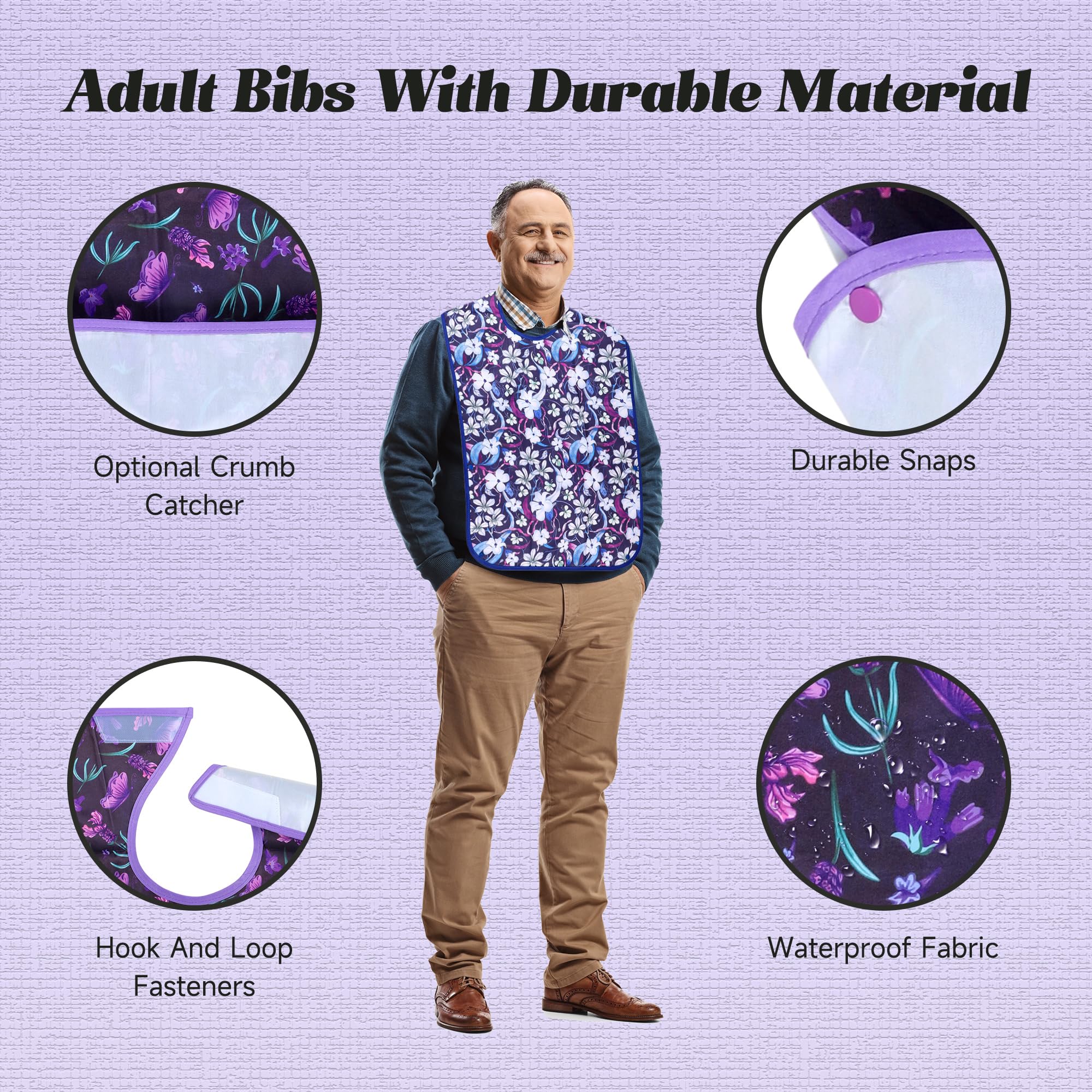**3 Pack Reusable Waterproof Adult Bibs with Crumb Catcher - Washable Clothing Protector for Mealtime, Elderly Care & Dining Independence**