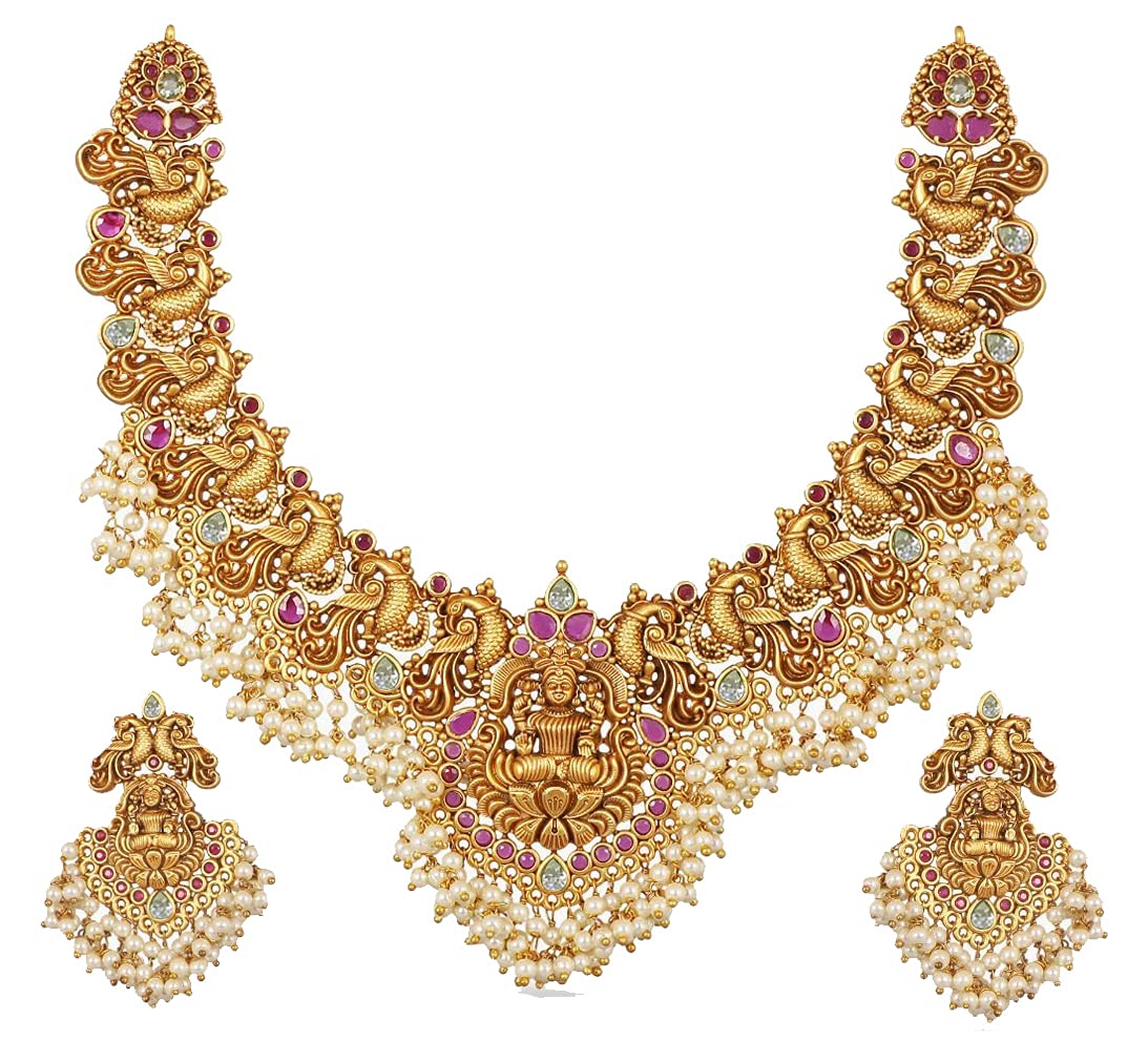 Antique Gold Plated Cira Short Necklace Set with Floral Design - Traditional South Indian Jewelry for Women | Ethnic Bridal Necklace for Weddings, Festivals & Cultural Events | 1 Year Warranty