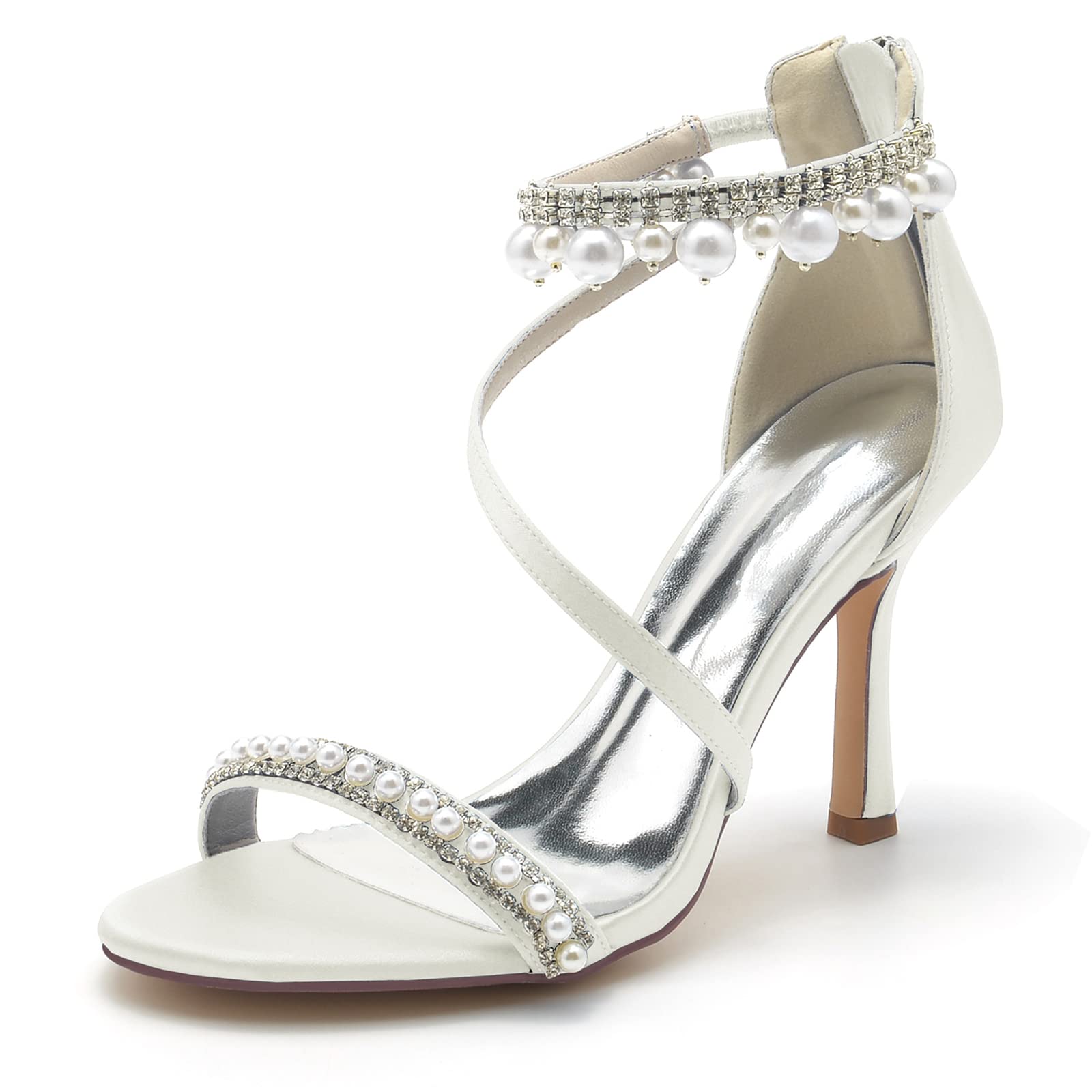 SAXTZDS Women's Crystal Pearl Stiletto Heels - 3.7 Inch Strappy Sandals for Wedding, Evening Party & Formal Events - Elegant Cross Ankle Strap Dress Shoes (9.5cm Heel) - Perfect for Bridal, Prom, Cocktail & Special Occasions