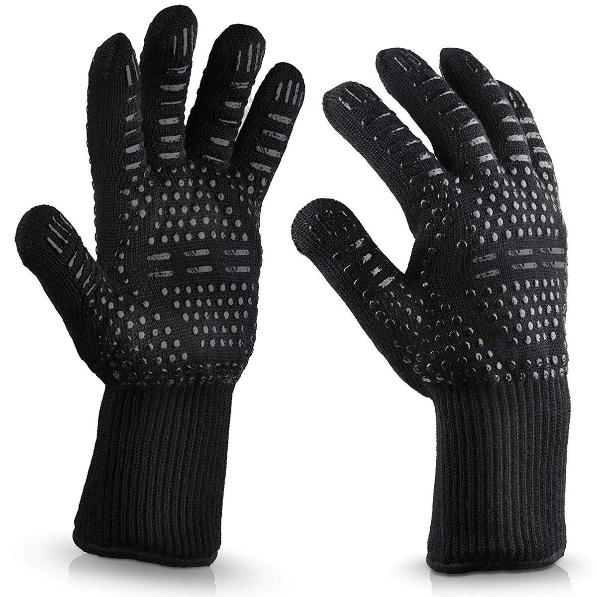 Premium Fireproof Hearth & BBQ Gloves - Heat Resistant Cotton Lined Grill Mitts for Kitchen, Camping & Outdoor Cooking - Oven, Microwave & Hot Pot Safety Accessories (Black)