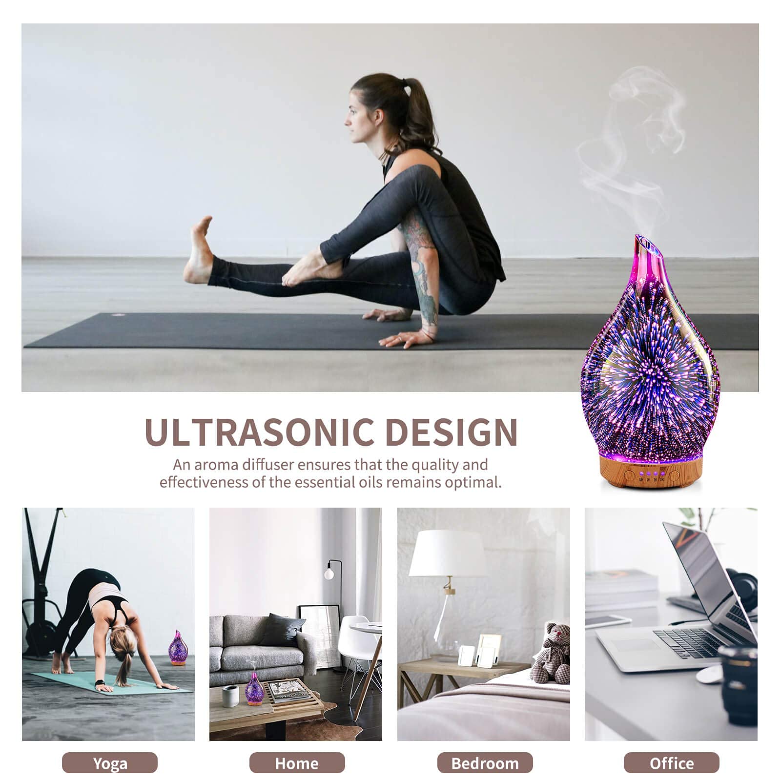 Porseme 100ml Rose Gold 3D Firework Glass Ultrasonic Humidifier & Essential Oil Diffuser with LED Table Lamp - Perfect for Aromatherapy, Home Decor, and Bedroom Relaxation