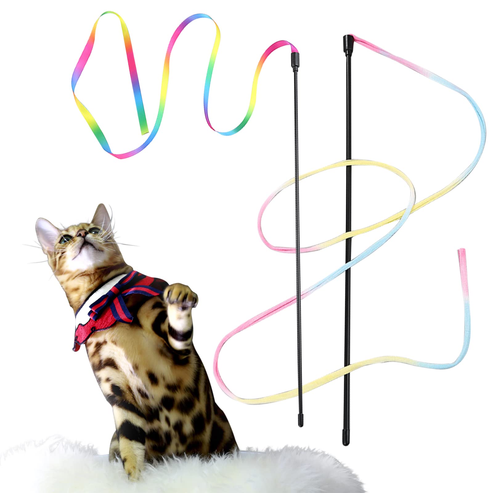 2 Pack Interactive Rainbow Cat Wand Toys with Ribbon - Colorful Kitten Teaser Wand for Indoor Play & Exercise, Strengthen Bond with Your Cat - Perfect for Training, Playtime & Interactive Fun