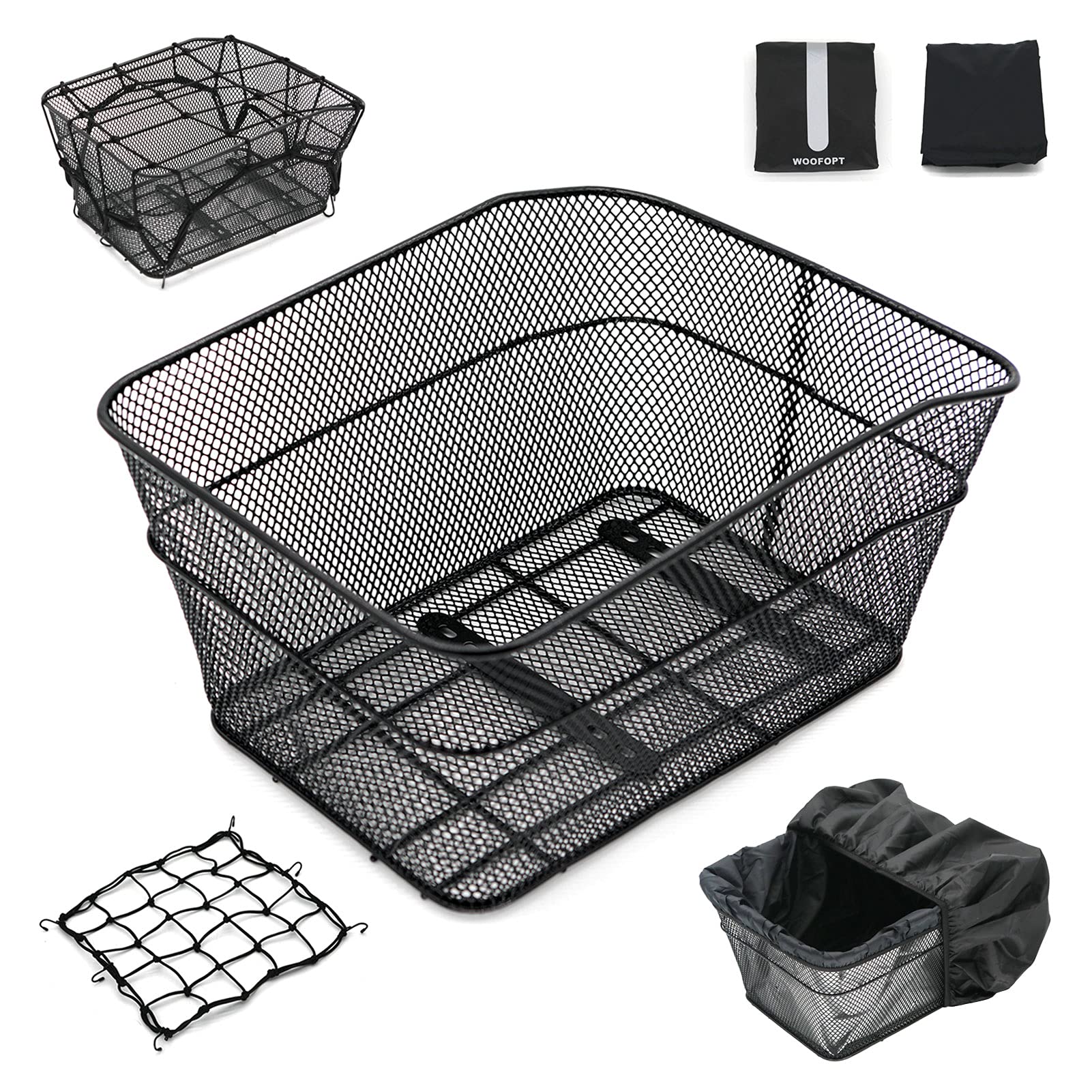 WOOFOPT Rear Bike Basket - Waterproof Metal Bicycle Cargo Basket with 2 Rainproof Covers, Reflective Lining & Cargo Net - Perfect for Commuting, Grocery Shopping & Outdoor Adventures