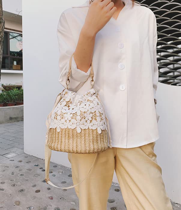 Straw Beach Tote Bag with Flower Lace - Small Shoulder Bag, Crossbody Purse & Handbag for Women | Perfect for Summer Vacation, Pool Party, and Outdoor Activities (2024 Fashion)
