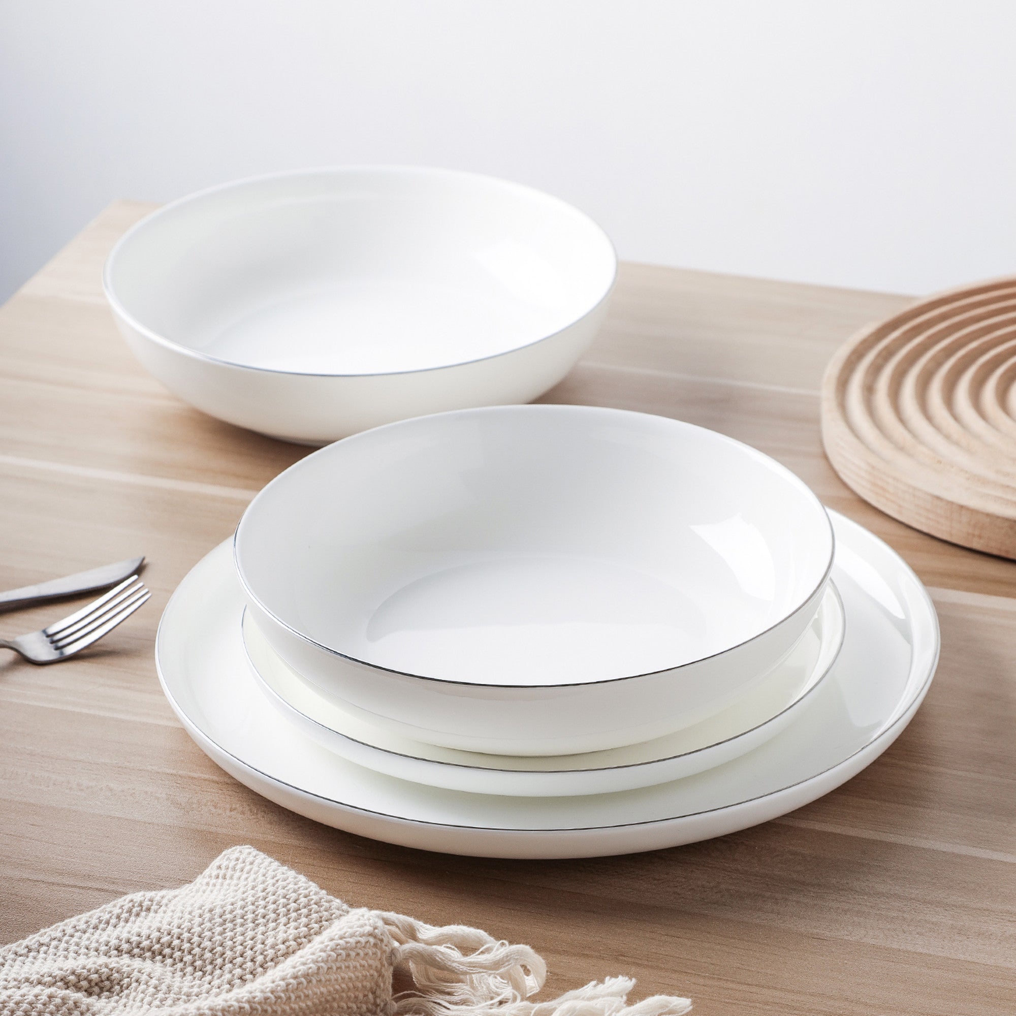 Premium Gabrielle Bone China Dinnerware Set - Elegant White & Platinum 12-Piece Set for Formal Dining & Special Occasions