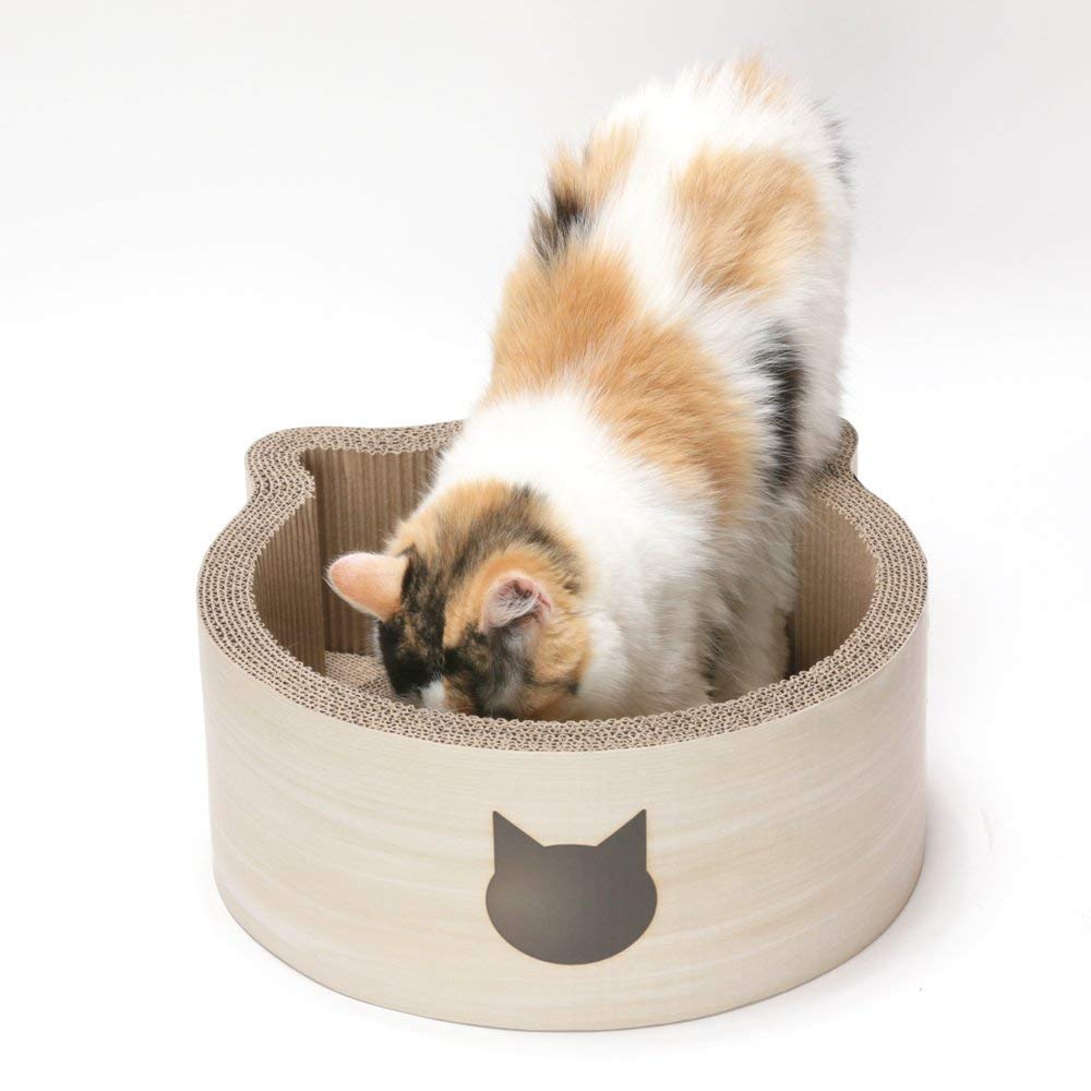 Necoichi Cat-Headed Scratcher Bed (Birch, Regular) - Reversible Cardboard Cat Scratching Board & Lounge Pad for Indoor Cats | Durable & Comfortable Cat Scratcher with Bowl Design - Perfect for Playtime, Napping & Stress Relief