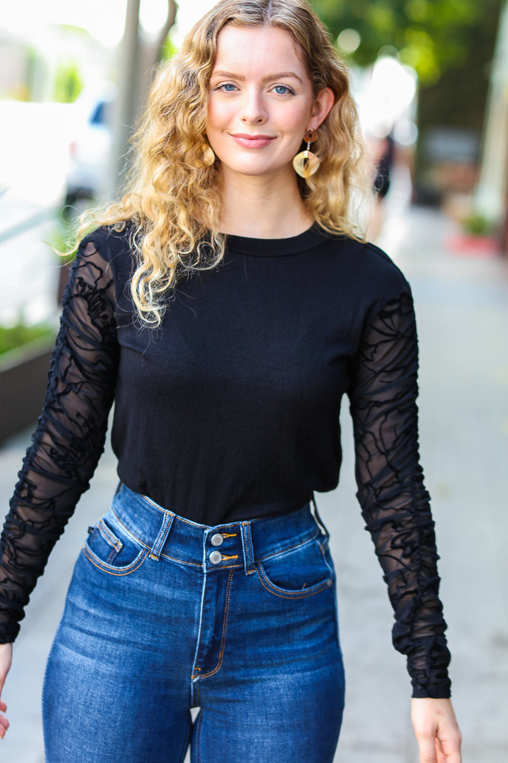 Black Shirred Velvet Mesh Blouse - Elegant Women's Fashion Top for Party & Evening Wear