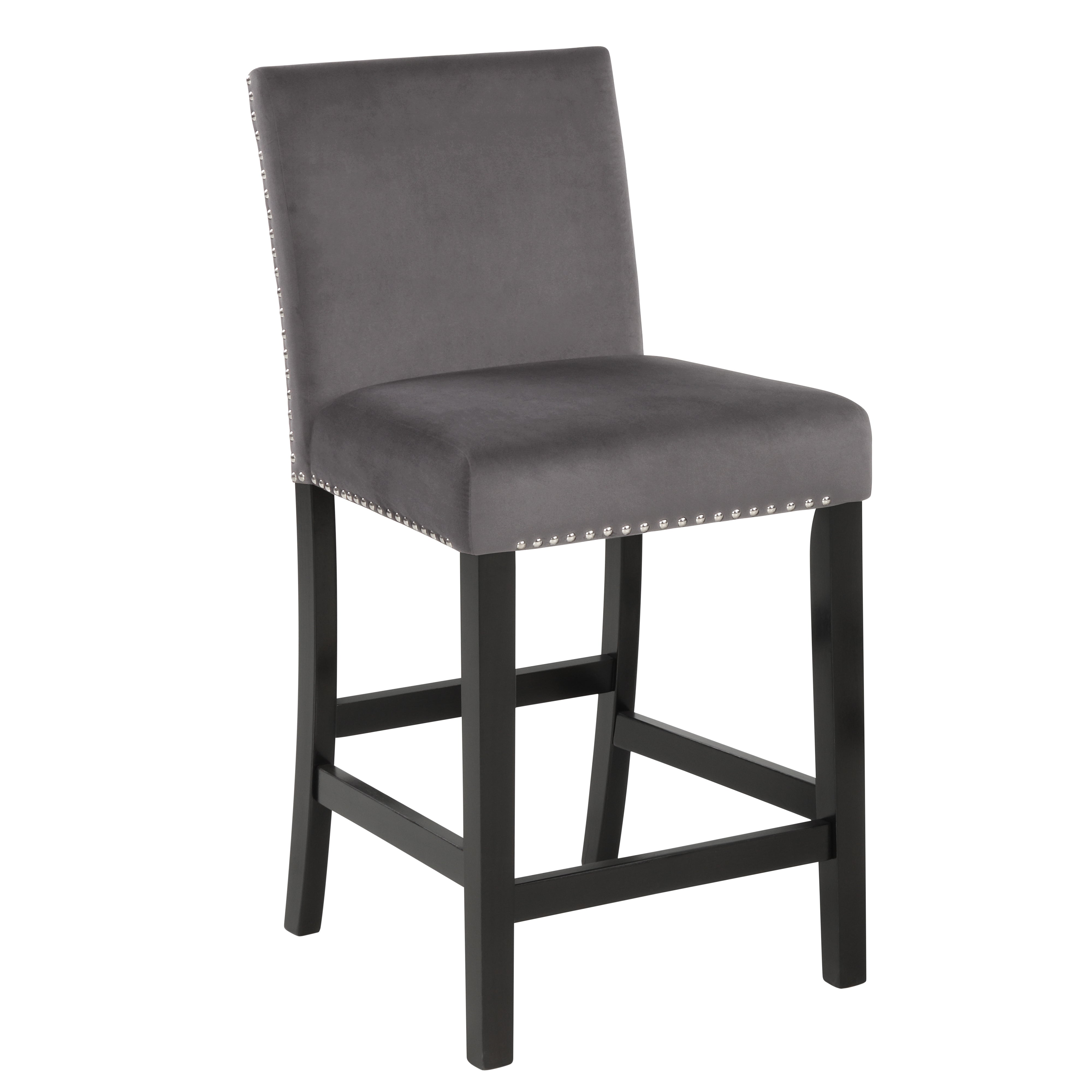 Roundhill Furniture Cobre Contemporary Velvet Counter Stool with Nailhead Trim - Set of 2 Bar Stools, Gray Velvet Upholstery, Modern Kitchen Island Seating for Dining Room, Bar or Breakfast Nook