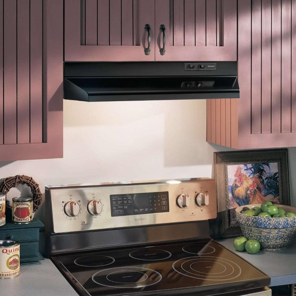 Broan F40000 Series 30-Inch Under Cabinet Range Hood with Built-In Light - Black (F403023) | Powerful Kitchen Ventilation for Smoke & Odor Removal | Perfect for Home Cooking & Grilling