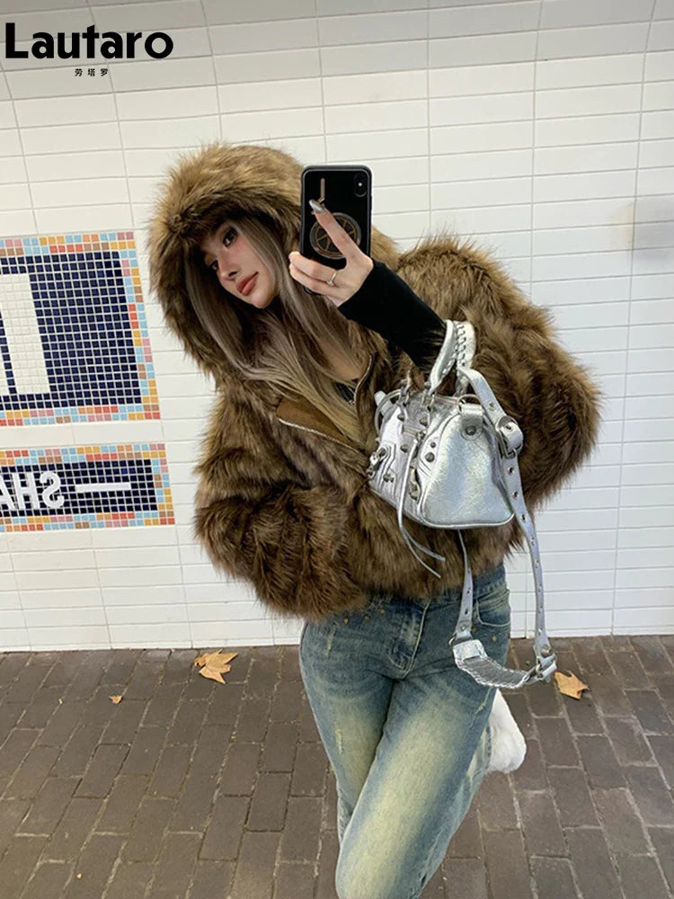 Luxury Faux Fur Coat for Women - Soft Thick Warm Shaggy Jacket with Hood & Zipper | Winter Fashion Outerwear 2024 | Perfect for Cold Weather & Stylish Streetwear