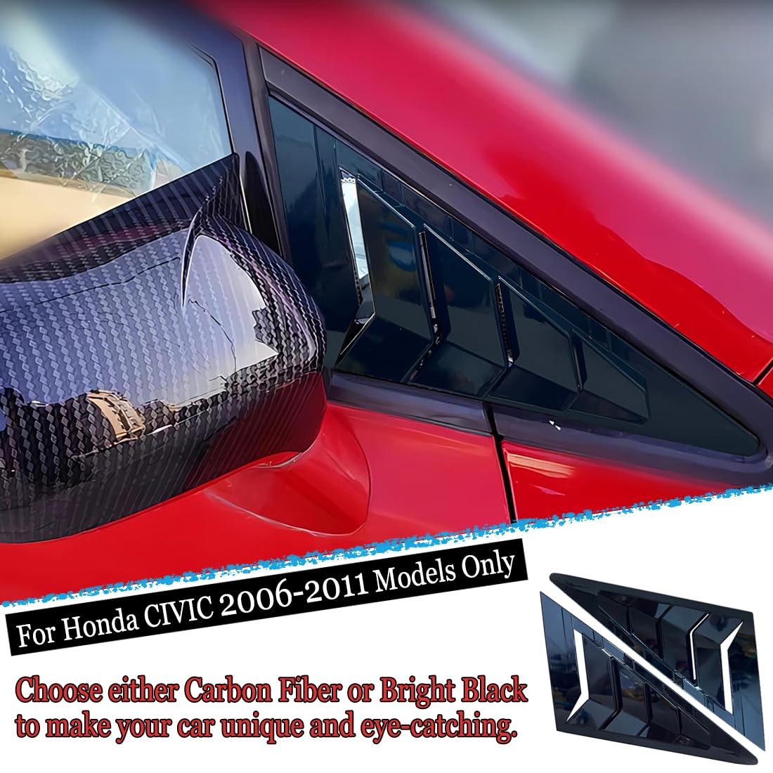 2Pcs ABS Bright Black Front Side Window Louvers Air Vent Scoop Shades Cover for Honda Civic 2006-2011 - Sporty Interior Accessories | Enhances Style & Airflow for Street Racing & Custom Car Shows