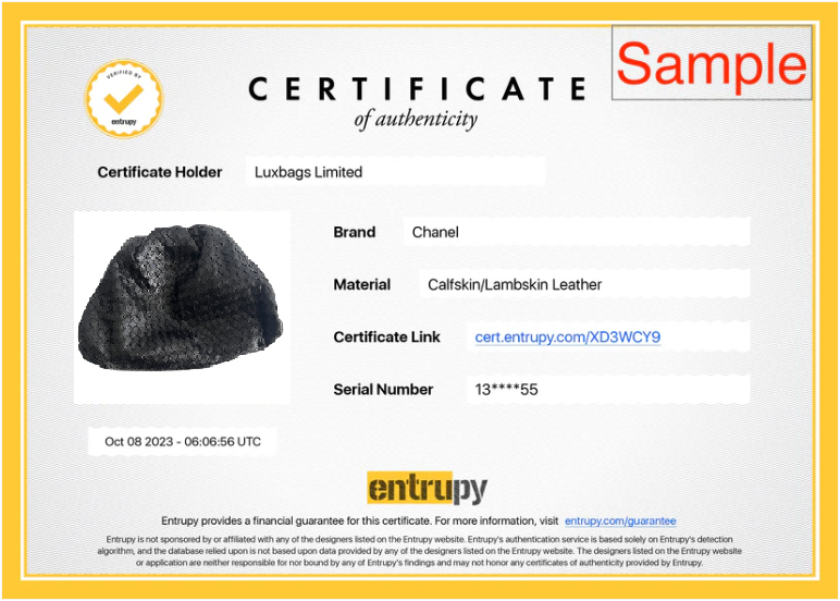 Entrupy Authentication Certificate - Genuine Luxury Handbag & Accessory Verification | Perfect for Resellers & Buyers