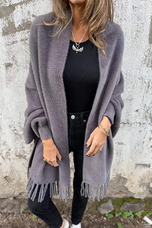 Cozy Knit Plush Tassel Trim Relaxed Shawl Cardigan for Women - Soft Warm Winter Wrap Sweater for Lounge, Travel & Casual Outfits