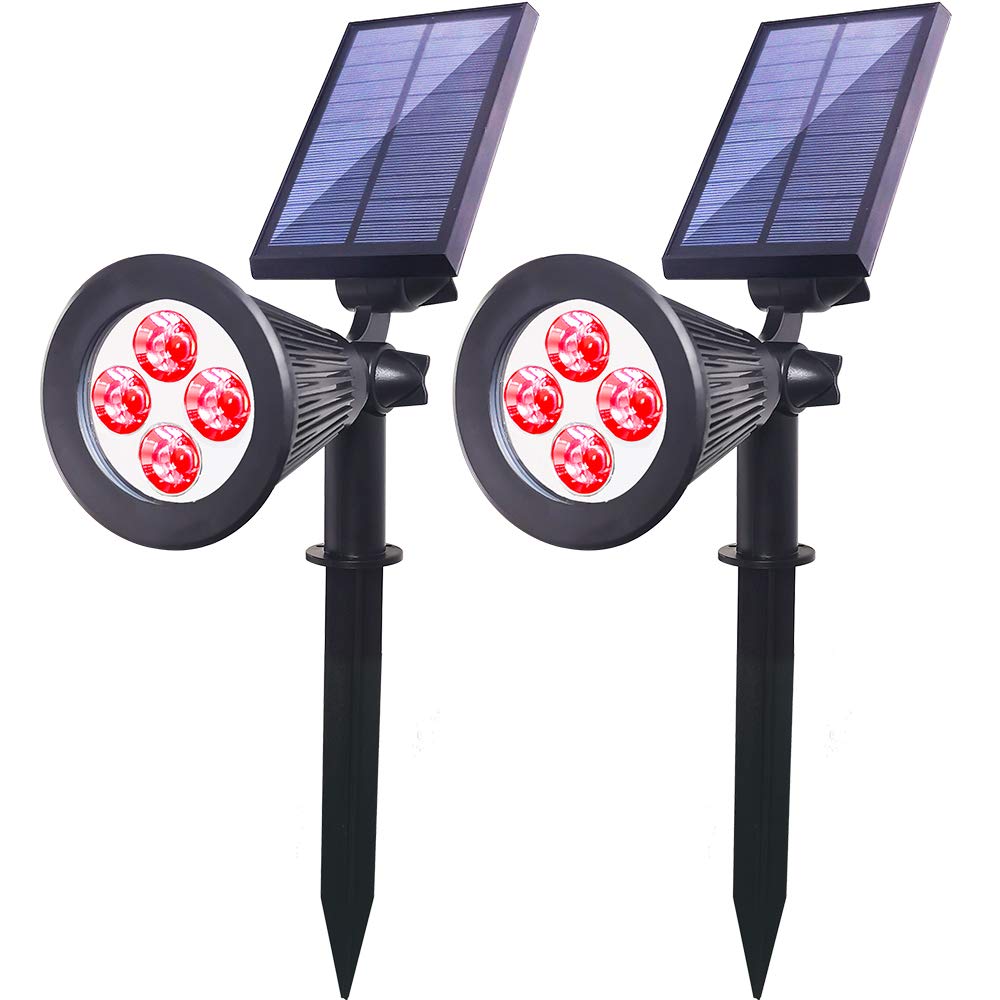 4-LED Solar Spotlight Outdoor Lights - IP67 Waterproof Solar Powered Landscape Lighting for Garden, Yard, Patio & Tree (2 Pack, Red) | Energy-Efficient Eco-Friendly Solar Lights for Pathway, Deck & Backyard Decoration