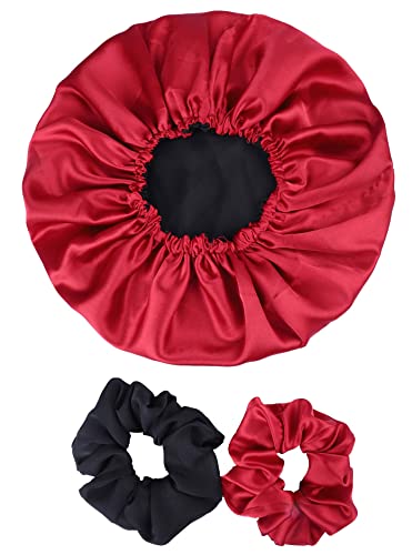 Luxury Adjustable Satin Silk Sleep Cap & Hair Bonnet Set - Double Layered Reversible Hair Accessory & Shower Cap for Women - Perfect for Nighttime Hair Protection, Travel & Salon Styling