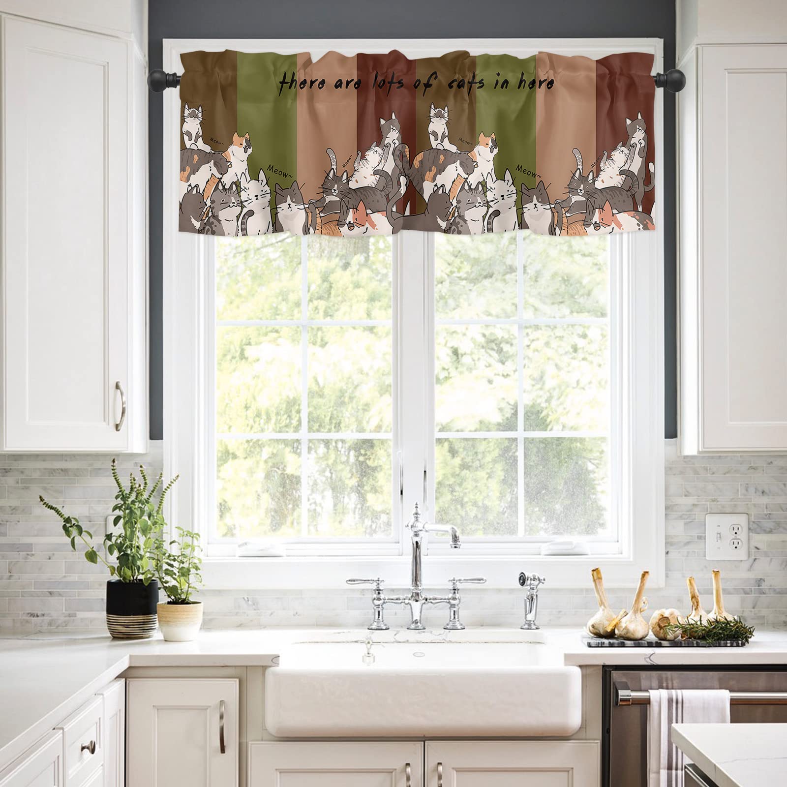 Farmhouse Kitchen Curtains Set - Cute Cat & Animal Print Tier Curtains with Valance, Brown Teal Beige Striped Rod Pocket Design, 24 Inch Length for Windows - Perfect for Cafe, Bedroom, and Cozy Home Decor