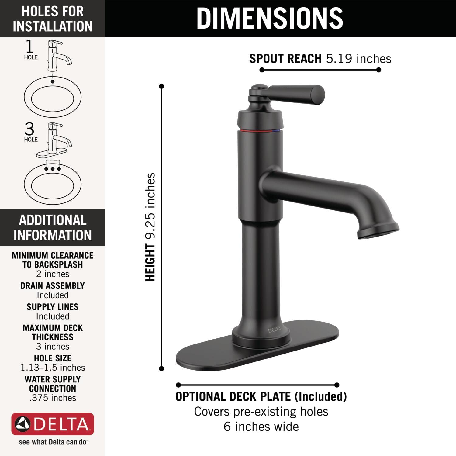 Delta Faucet Saylor Matte Black Single Hole Bathroom Faucet with Diamond Seal Technology - Single Handle Bathroom Sink Faucet in Matte Black (536-BLMPU-DST) - Perfect for Modern Bathrooms, Powder Rooms, and Guest Baths