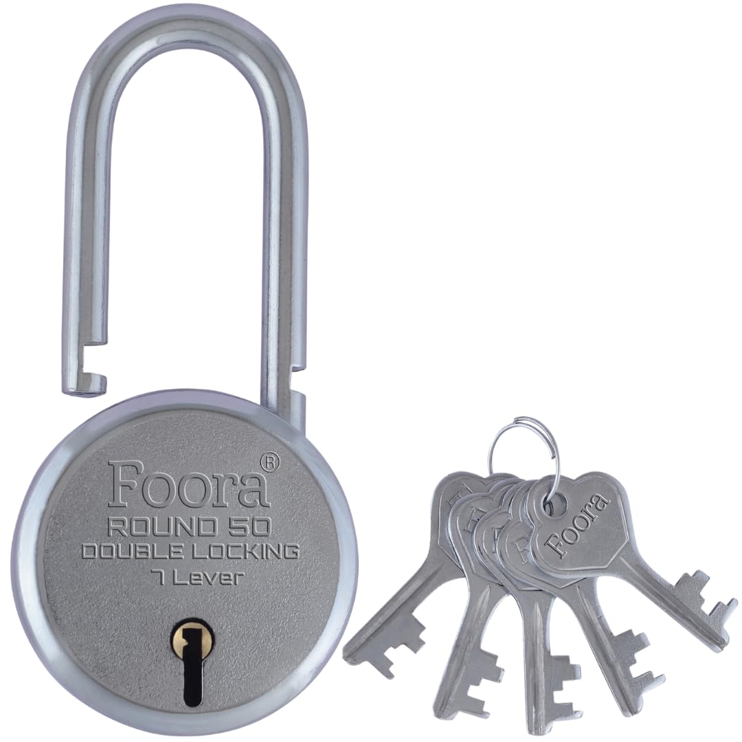 Foora 50mm Round Long Neck Shackle Padlock with 5 Keys - Double Locking 7 Lever Security Lock for Home, Gate, Shutter, Shed, Toolbox & Storage - Durable Outdoor & Indoor Use for Enhanced Protection