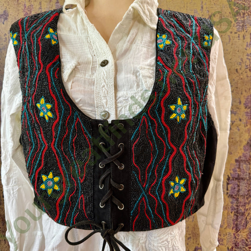 Vintage Double D Ranch Beaded Black Leather Vest for Women - Western Cowgirl Style - Perfect for Rodeo, Concerts & Biker Events