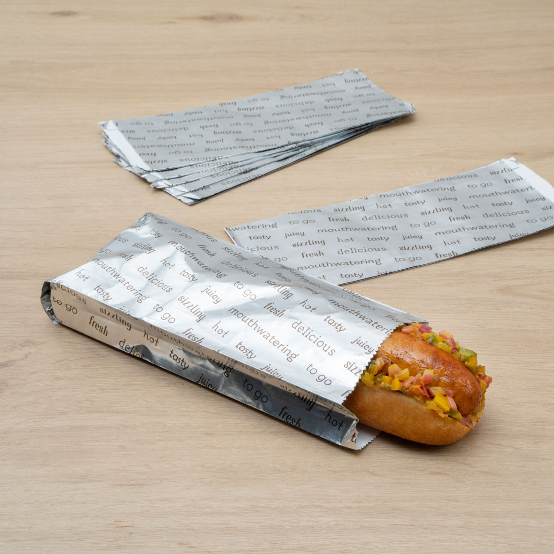 Eco-Friendly Small Hot Dog Foil Bags - 3 3/4 x 1 1/4 x 9 Inches, 100 Count Box - Perfect for Food Trucks, Concession Stands & Party Snacks