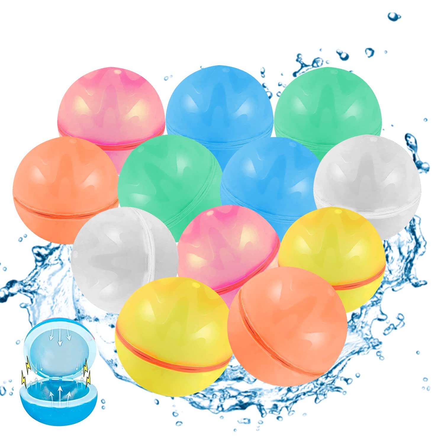**Reusable Water Balloons - 12 Pack Magnetic Quick-Fill Self-Sealing Splash Balls for Outdoor Water Games, Pool Party, Summer Fun - Kids & Adults Water Toys**
