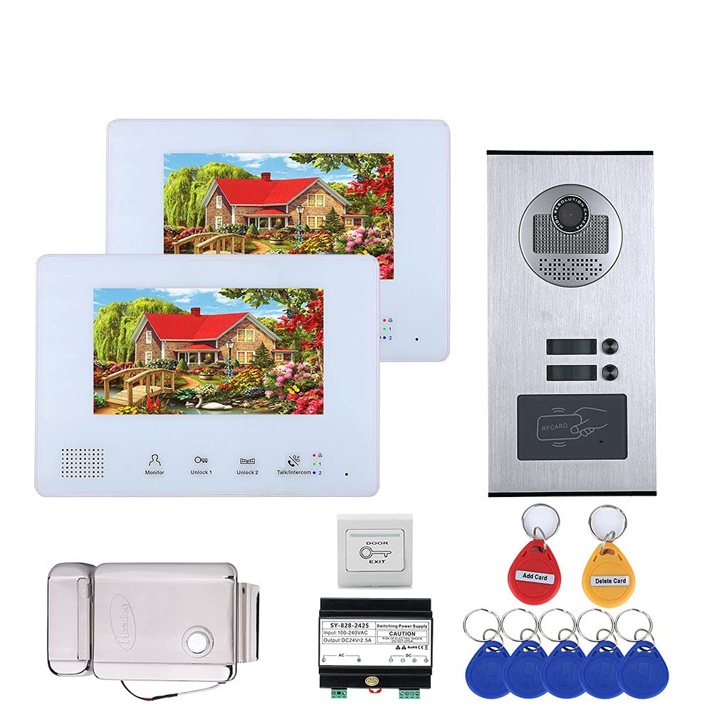 2-Wire Video Door Phone Intercom System Kit - 7 Inch LCD Screen with Night Vision, Compatible with Electronic Door Locks - Ideal for Apartments, Homes & Offices (2 Units)