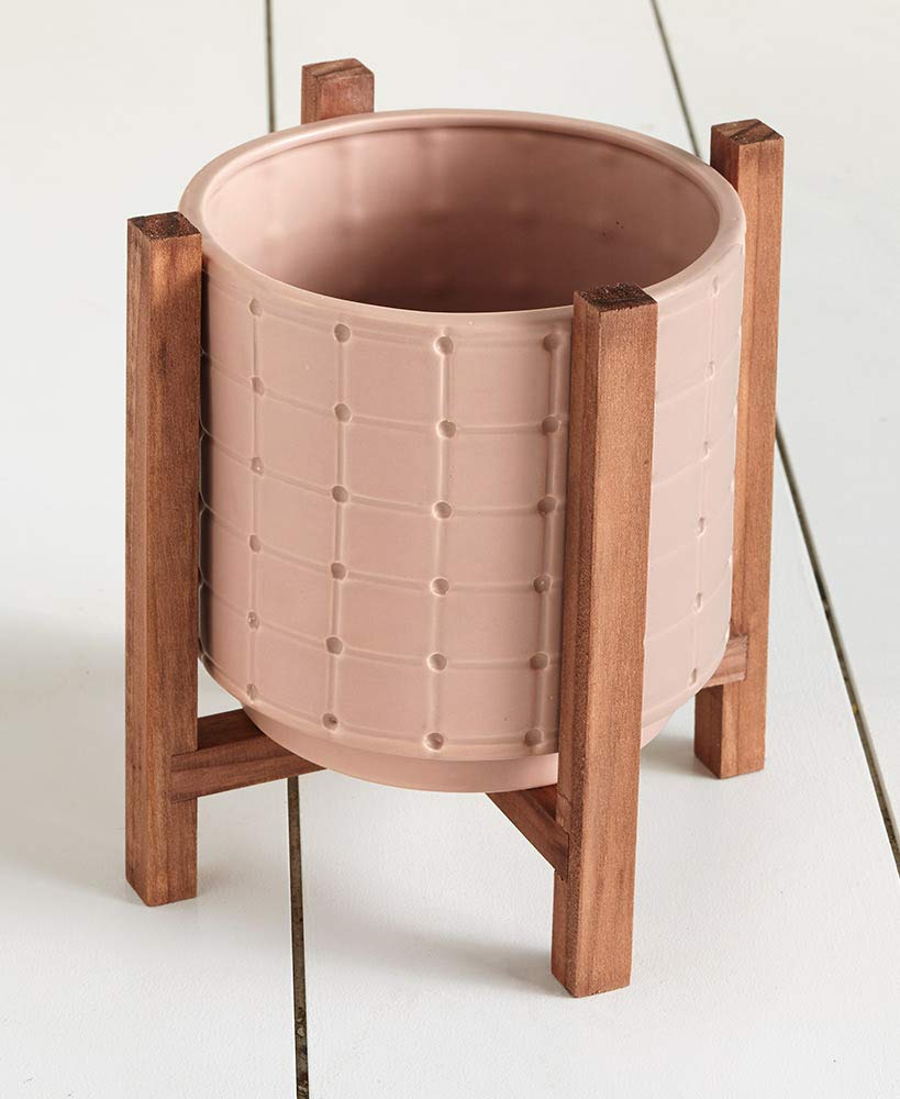 Elegant Pink Ceramic Planter with Wooden Stand - Perfect for Indoor Plants, Home Decor & Office Desk Decorations