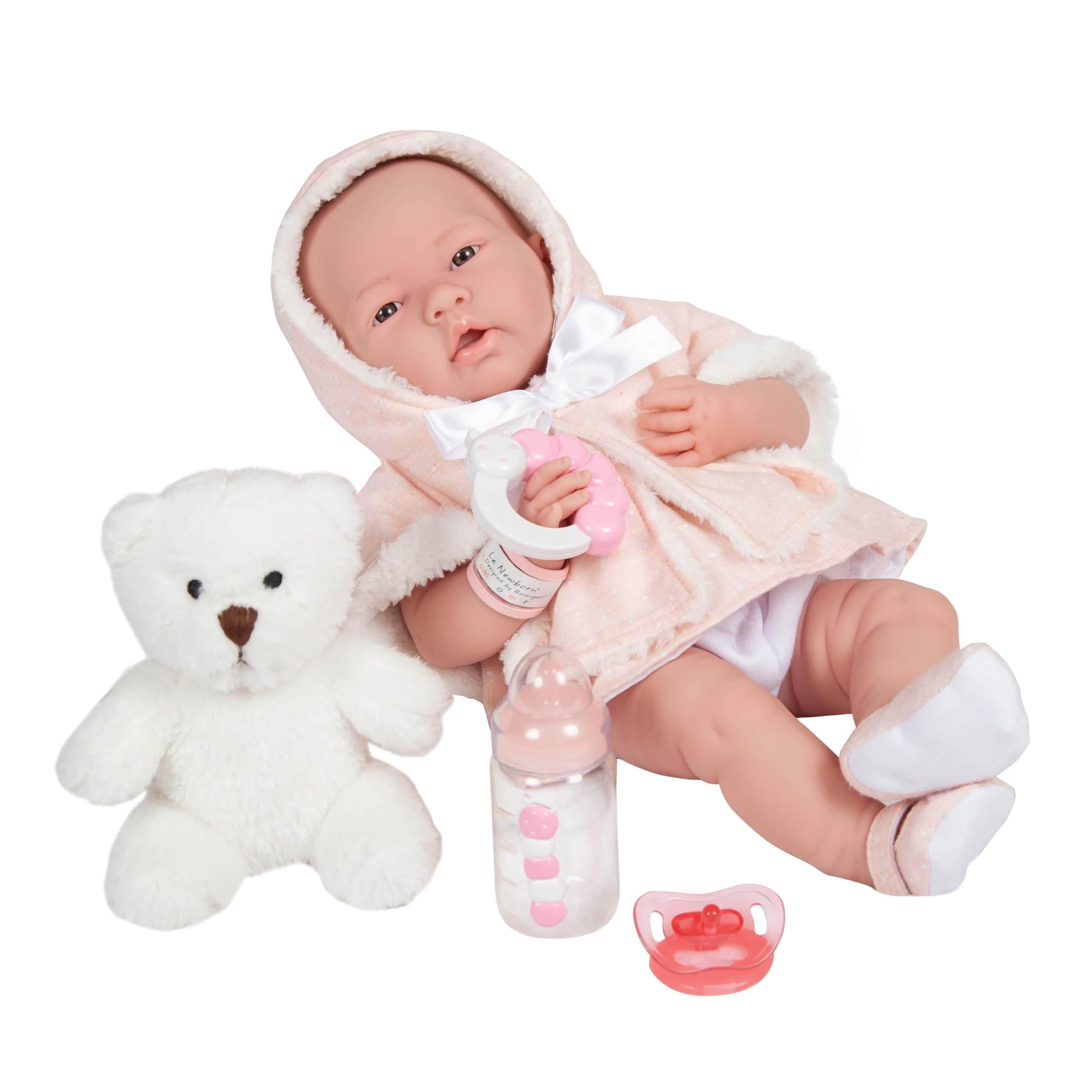 JC Toys All-Vinyl La Newborn Baby Doll in Pink Coat & Outfit with Animal Friend & Accessories - Realistic White Girl Doll (18065) - Perfect for Pretend Play, Gift Giving & Collectors