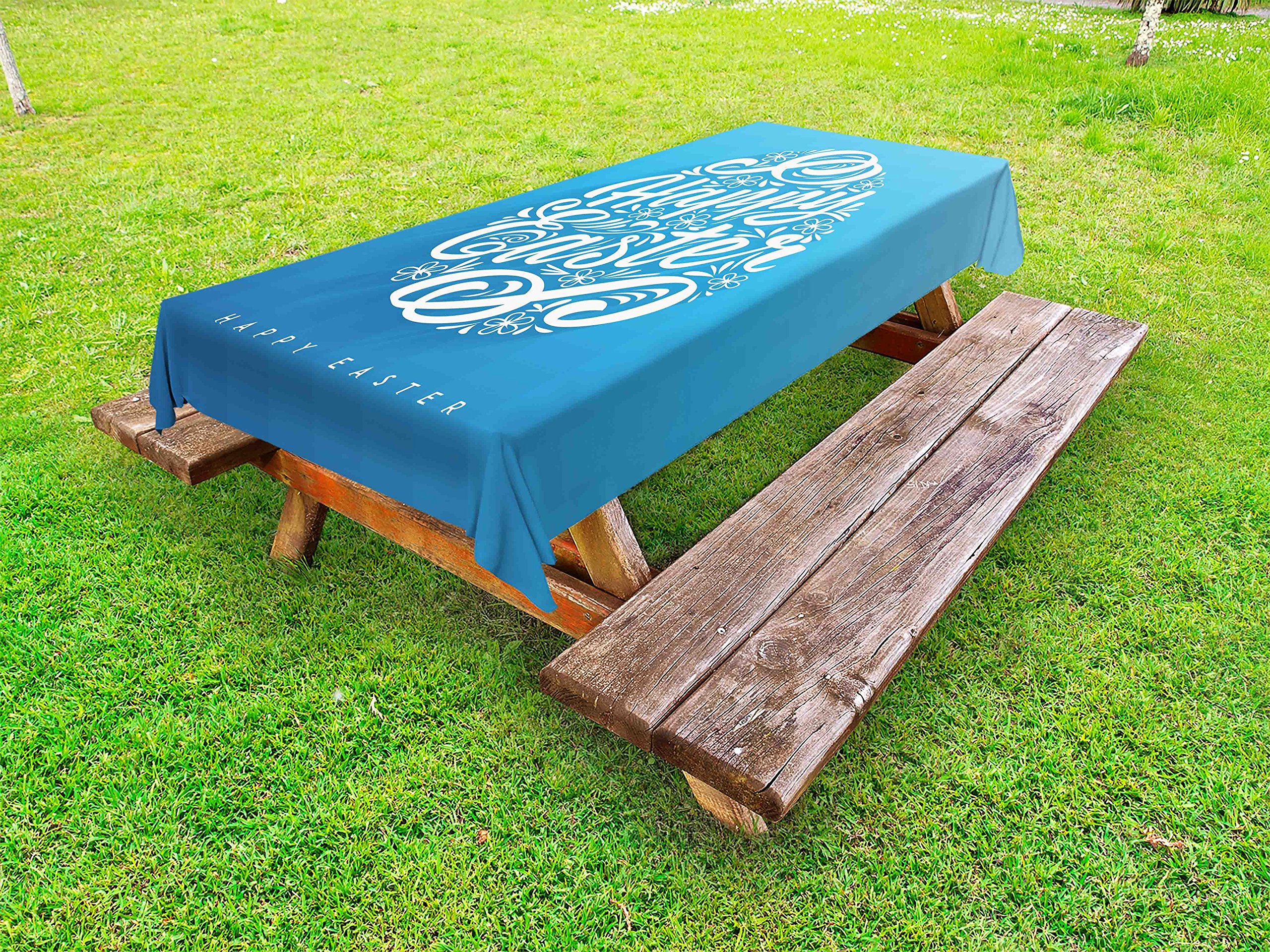 Ambesonne Easter Tablecloth - Blooming Floral Swirls & Hand Lettering Design, Washable Picnic Table Cover 58x120 Inches, Azure Blue & White - Perfect for Outdoor Easter Celebrations, Spring Parties & Garden Gatherings